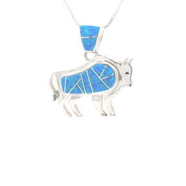 Calvin Begay Blue Opal Sterling Silver Buffalo Pendant