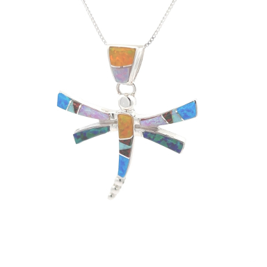Calvin Begay Fire and Ice Opal Sterling Silver Dragonfly Pendant