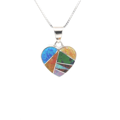 Calvin Begay Jewelry Fire and Ice Opals Sterling Silver Heart Pendant