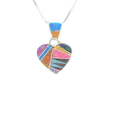 Navajo Artist Calvin Begay Fire and Ice Opal Sterling Silver Heart Pendant