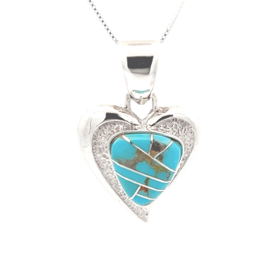 Navajo Artist Calvin Begay Genuine Kingman Turquoise Sterling Silver Heart Pendant