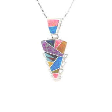 Calvin Begay Native American Jewelry Fire and Ice Opal Sterling Silver Pendant