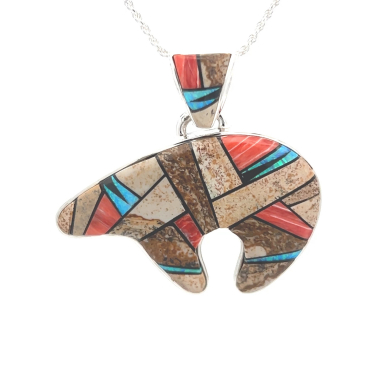 Calvin Begay Genuine Picture Jasper Sterling Silver Reversible Bear Pendant