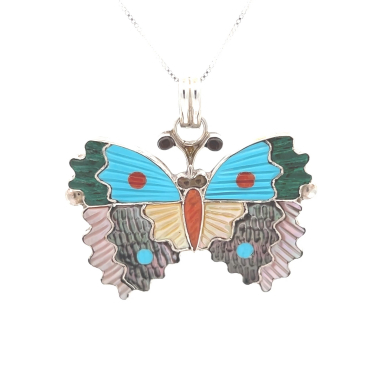Zuni Indian Jewelry Genuine Mother of Pearl Sterling Silver Butterfly Pendant