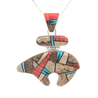 Calvin Begay Genuine Gemstones Sterling Silver Bear Pendant