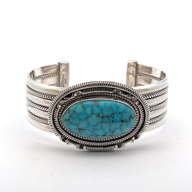 Artie Yellowhorse Genuine Kingman Spider Web Turquoise Sterling Silver Bracelet