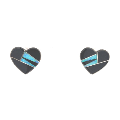 Calvin Begay Genuine Acoma Jet Sterling Silver Heart Earrings
