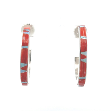 Calvin Begay Genuine Spiny Oyster Shell Sterling Silver Large Hoop Earrings