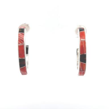 Calvin Begay Genuine Spiny Oyster Shell Sterling Silver Hoop Earrings