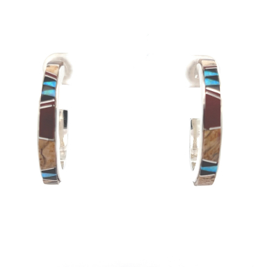 Calvin Begay Genuine Picture Jasper Sterling Silver Hoop Earrings