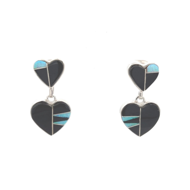 Calvin Begay Genuine Acoma Jet Sterling Silver Double Heart Earrings
