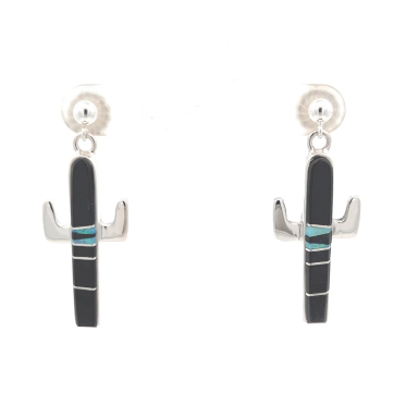 Calvin Begay Genuine Acoma Jet Sterling Silver Cactus Earrings