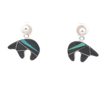 Calvin Begay Genuine Acoma Jet Sterling Silver Bear Earrings