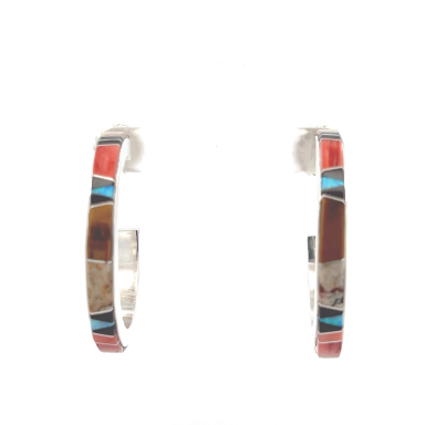 Calvin Begay Genuine Picture Jasper  Sterling Silver Large Hoop Earrings