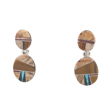 Calvin Begay Double Ovals Picture Jasper Sterling Silver Earrings