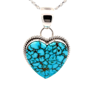 Artie Yellowhorse Genuine Kingman Spider Web Turquoise Sterling Silver Heart Pendant
