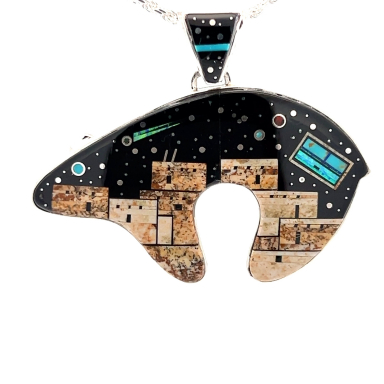 Calvin Begay Starry Night at the Pueblo Sterling Silver Bear Pendant
