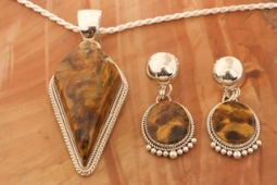 Artie Yellowhorse Genuine Pietersite Sterling Silver Pendant and Post Earrings Set