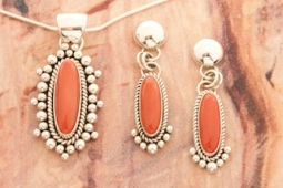 Artie Yellowhorse Genuine High Grade Mediterranean Coral Sterling Silver Necklace and Earrings Set